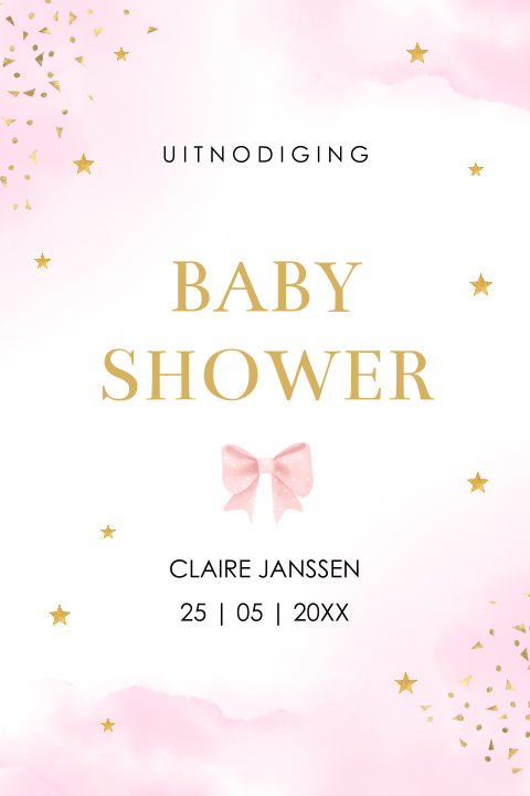 Babyshower uitnodiging watercolour roze goudlook strikje