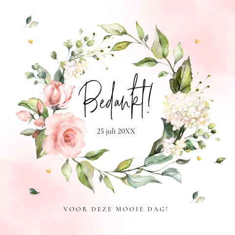 Bedankkaart watercolour roze bloemenkrans