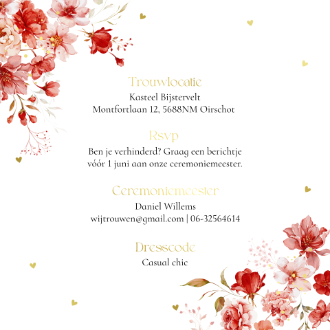 Extra informatie kaartje huwelijk bloemen rood op kalkpapier
