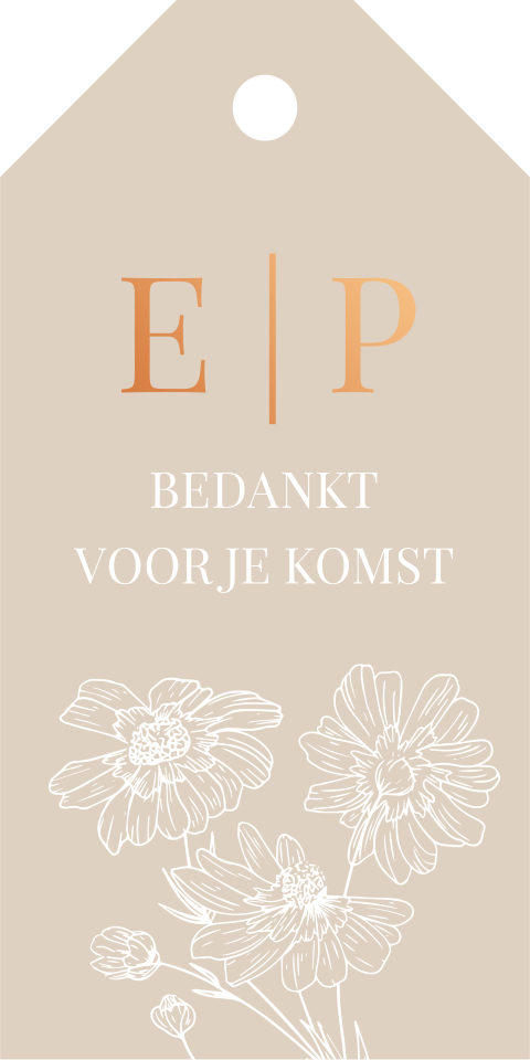 Labeltjes huwelijk beige bloemen koperfolie 16 stuks