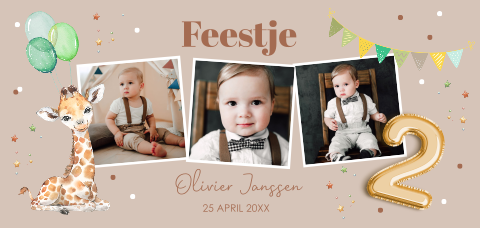 Uitnodiging kinderfeestje jongen 2 jaar fotocollage giraffe ballonnen