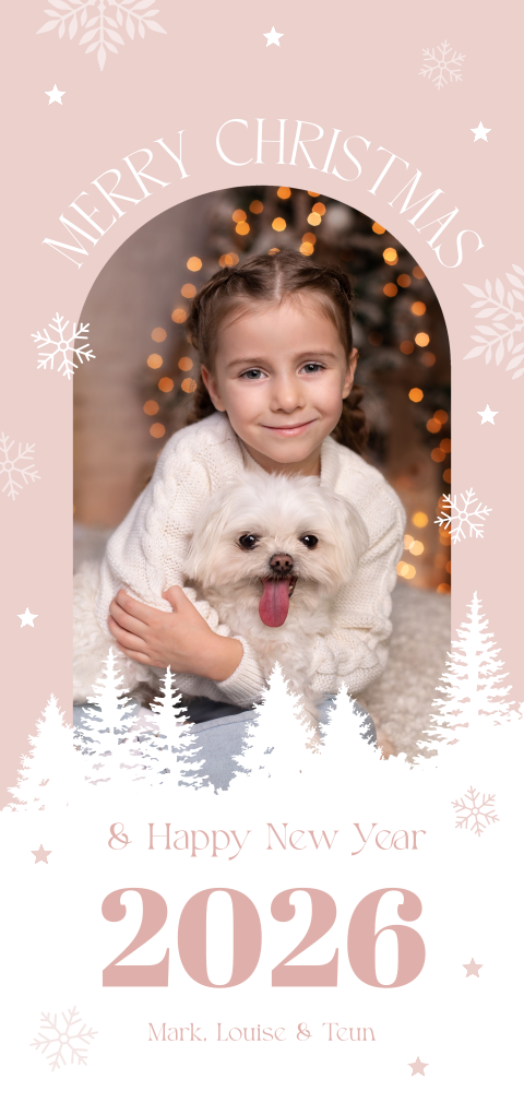 Kerstkaart met foto boog roze sneeuwvlokken