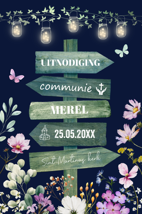 Communie  uitnodiging meisje houten wegwijzer bloemen paars