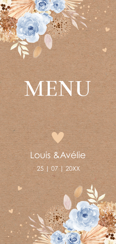 Menukaart langwerpig huwelijk bohemian bloemen blauw kraftlook