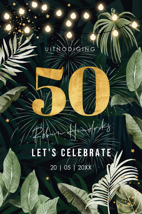 Uitnodiging verjaardag 50 jaar groen tropisch bladeren goudlook