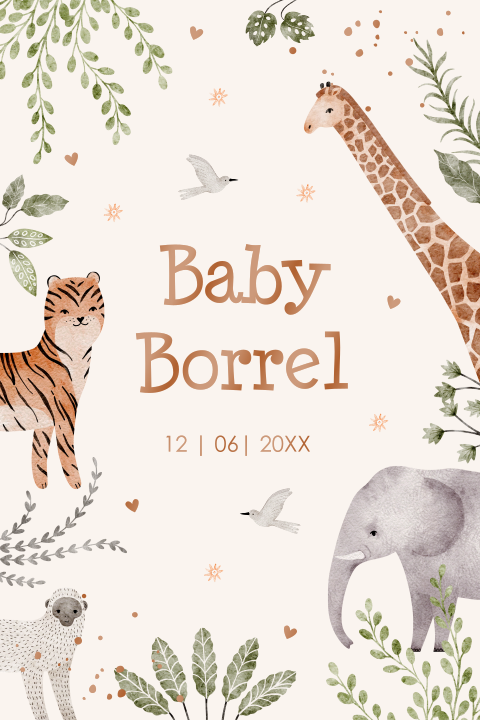 Babyborrel kaartje jungle dieren hoogglans koper