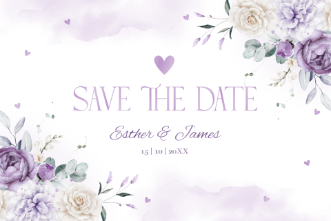Save the Date kaart paars bloemen watercolour hoogglans