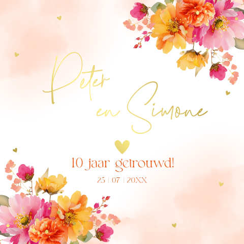 Jubileum uitnodiging 10 jaar getrouwd bloemen oranje roze goudfolie
