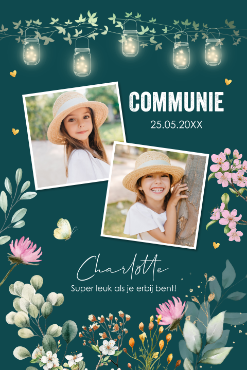 Communiekaart meisje eigen foto bloemen lampjes vlinders
