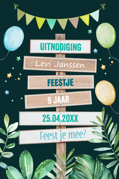 Uitnodiging kinderfeestje jongen houten wegwijzer groen