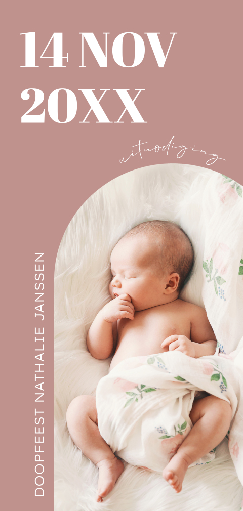 Doopkaart langwerpig meisje oudroze foto boog