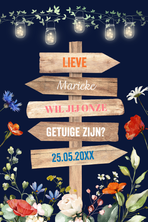 Getuigekaart houten wegwijzer bloemen vrouw