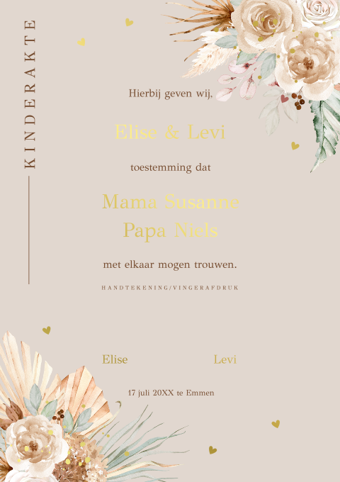 Kinderakte huwelijk beige bohemian bloemen goudfolie