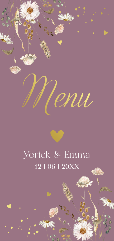 Menukaart langwerpig paars bloemen goudfolie