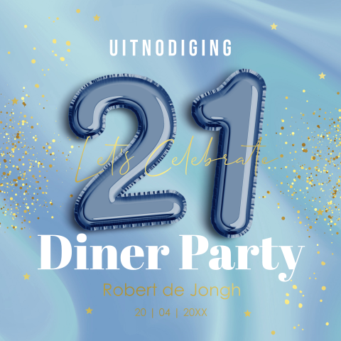 Uitnodiging 21 diner party man holografisch blauw goudfolie