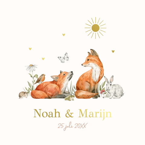 Geboortekaartje tweeling vosjes goudfolie