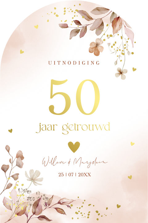 Jubileumkaart uitnodiging 50 jaar getrouwd bloemen roze goudfolie
