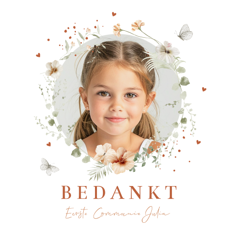 Bedankkaart communie meisje eigen foto bloemenkrans vlinders