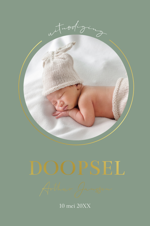 Doopkaart jongen groen foto rond goudfolie