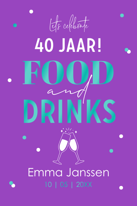 Uitnodiging verjaardag 40 jaar foods and drinks hoogglans paars