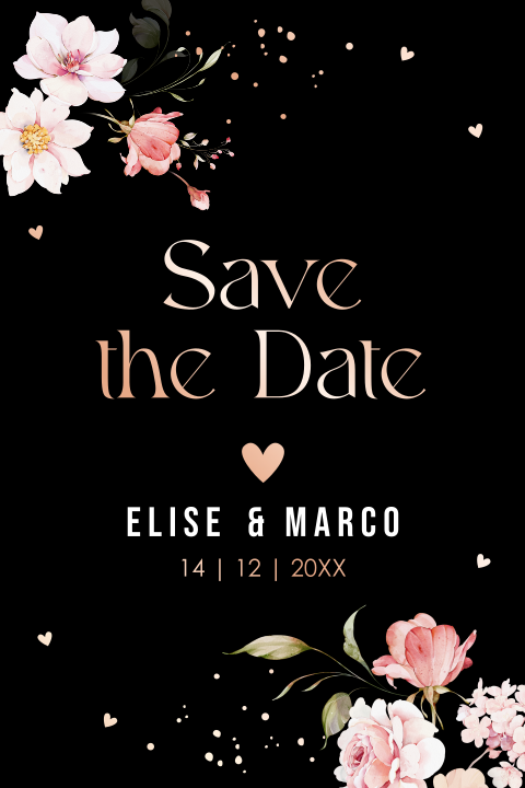 Save the Date kaart zwart roze bloemen rosegoudfolie
