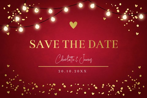 Save the Date kaart kerst rood confetti lampjes goudfolie