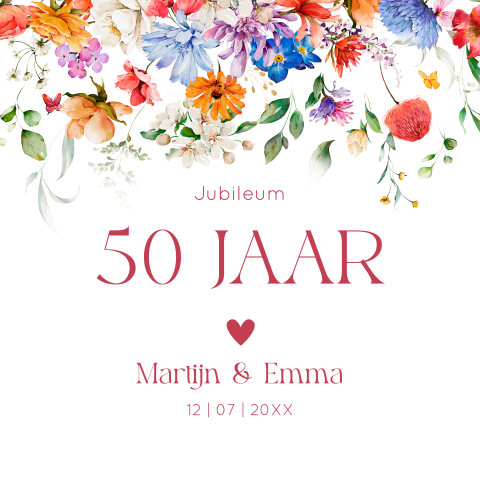 Jubileum uitnodiging 50 jaar getrouwd kleurrijke bloemen