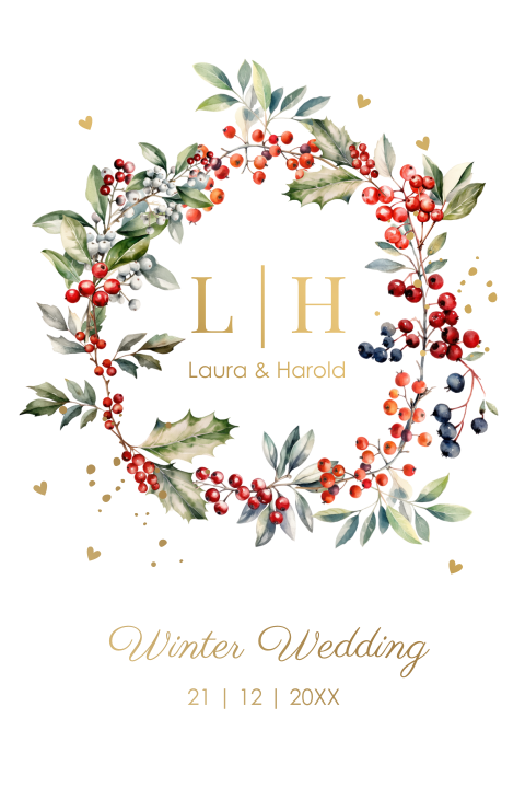 Winter Wedding trouwkaart Red Berries Christmas goudfolie
