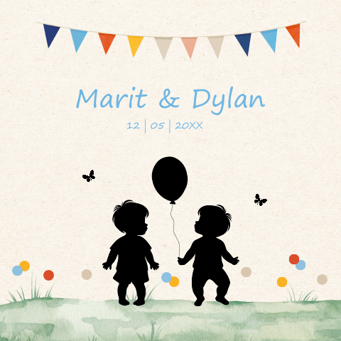 Geboortekaartje tweeling jongens silhouet ballon slinger blauw