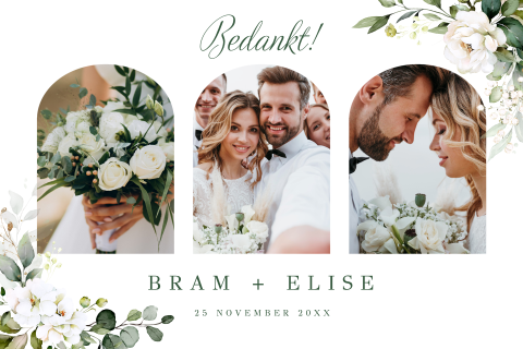 Bedankkaart fotocollage botanisch witte rozen