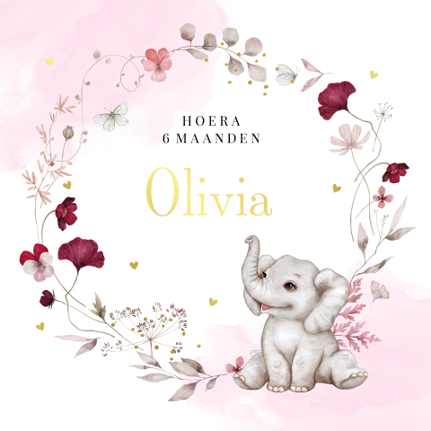 Mijlpaalkaart baby eerste jaar olifantje meisje bloemen roze goudfolie