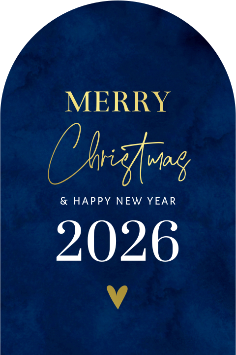 Moderne kerstkaart blauw originele vorm boog goudfolie