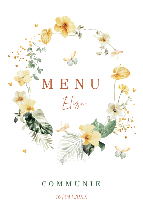 Menukaart communie boog vorm meisje bloemen vlinders
