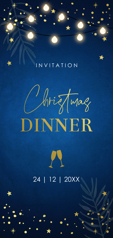 Kerstdiner uitnodiging blauw zakelijk lampjes sterren goudfolie