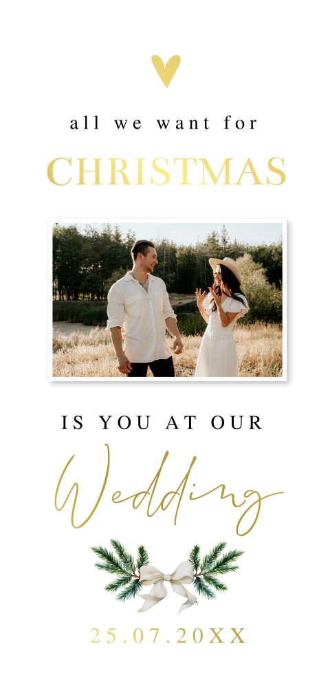 Kerst Save the Date kaart wit met foto luxe goudfolie