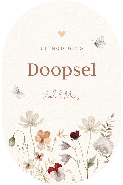 Doop uitnodiging meisje bloemen beige ovaal vlinders