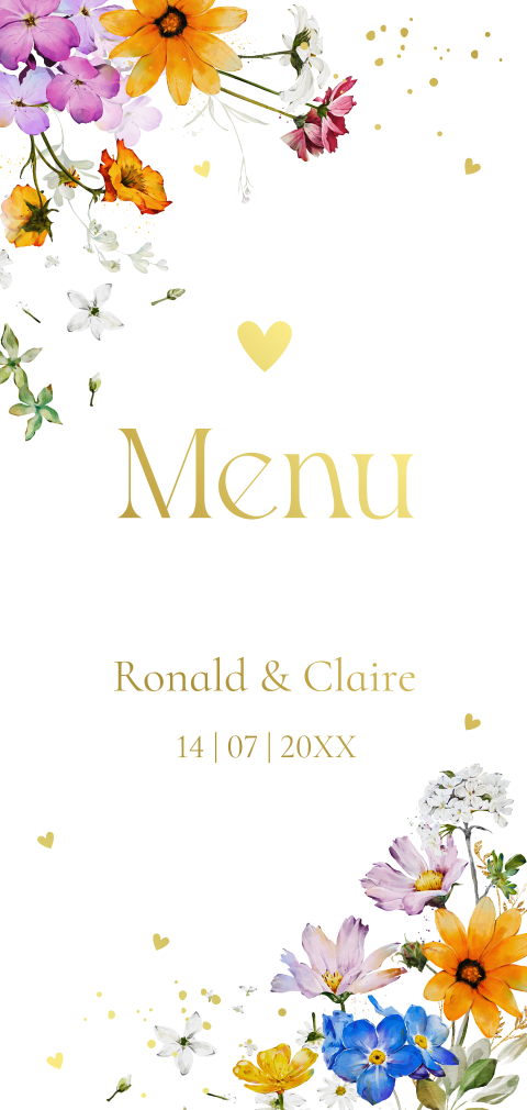 Menukaart langwerpig huwelijk bloemen paars goudfolie