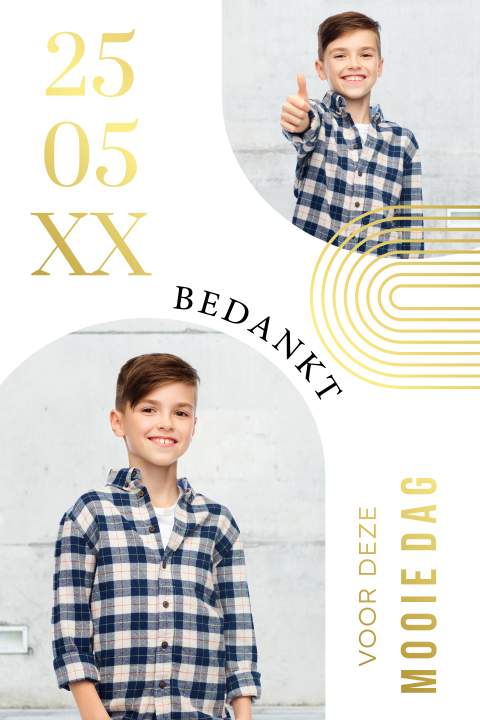 Bedankkaart communie jongen foto boog goudfolie