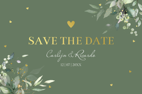 Save the Date kaart groen botanisch bladeren goudfolie