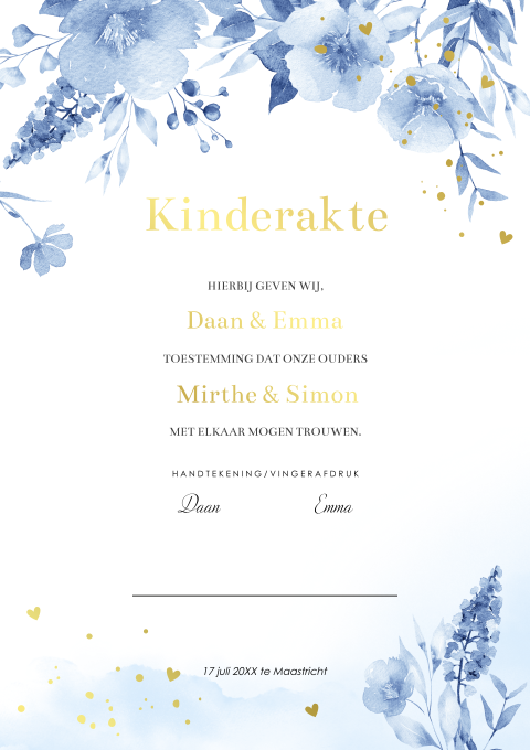 Kinderakte watercolour blauw bloemen goudfolie