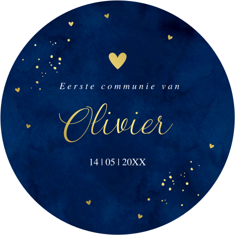 Communie uitnodiging rond jongen blauw hartjes goudfolie