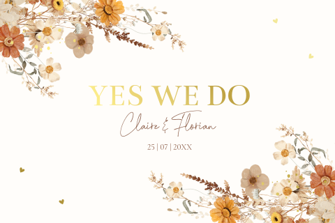 Trouwkaart kleurrijke bloemen beige bloemenboeket goudfolie