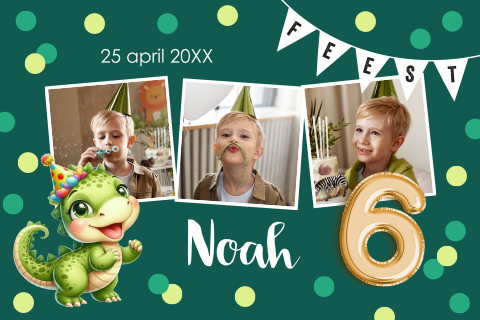 Uitnodiging kinderfeestje jongen 6 jaar foto dino confetti