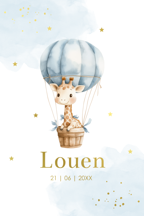 Geboortekaartje jongen giraffe luchtballon  goudfolie