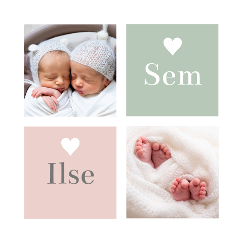 Geboortekaartje tweeling meisje jongen eigen foto roze blauw