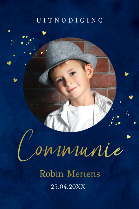 Communie uitnodiging foto jongen blauw goudfolie