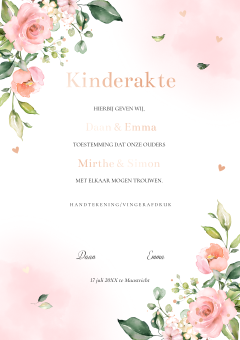 Kinderakte huwelijk rozen bloemen waterverf rosegoudfolie