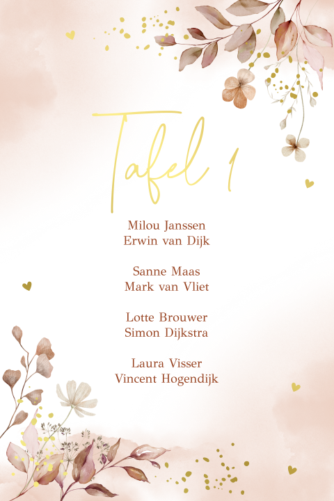 Tafelkaart huwelijk bruiloft terracotta roze waterverf bloemen