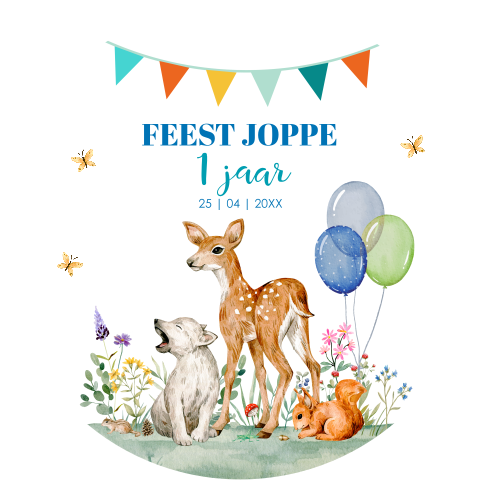 Uitnodiging kinderfeestje 1 jaar rond bosdieren slinger ballonnen