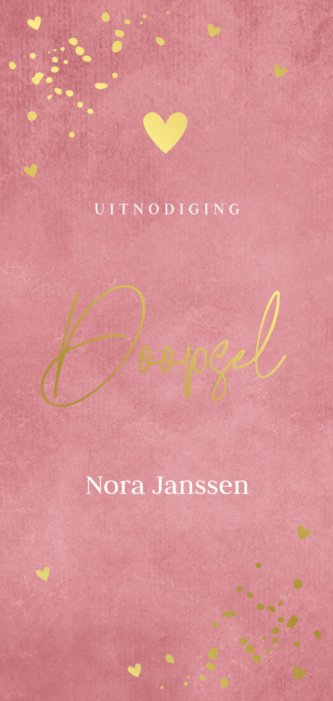 Doopkaart langwerpig meisje roze hartje goudfolie